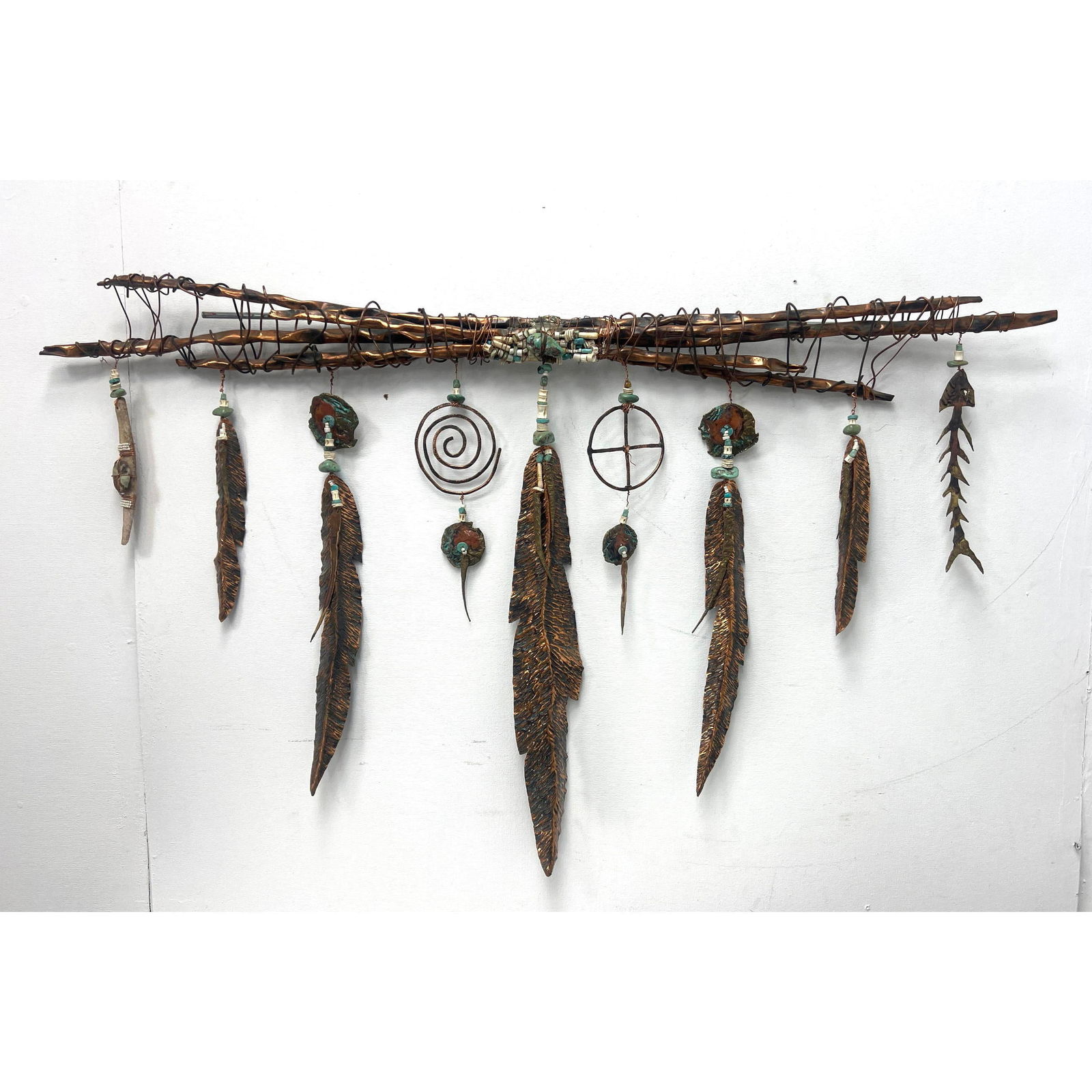 Tribal Fetish Mixed Medium Wall Sculpture. Wrought Copper "twigs" wrapped with copper wire and shell (1 of 12)