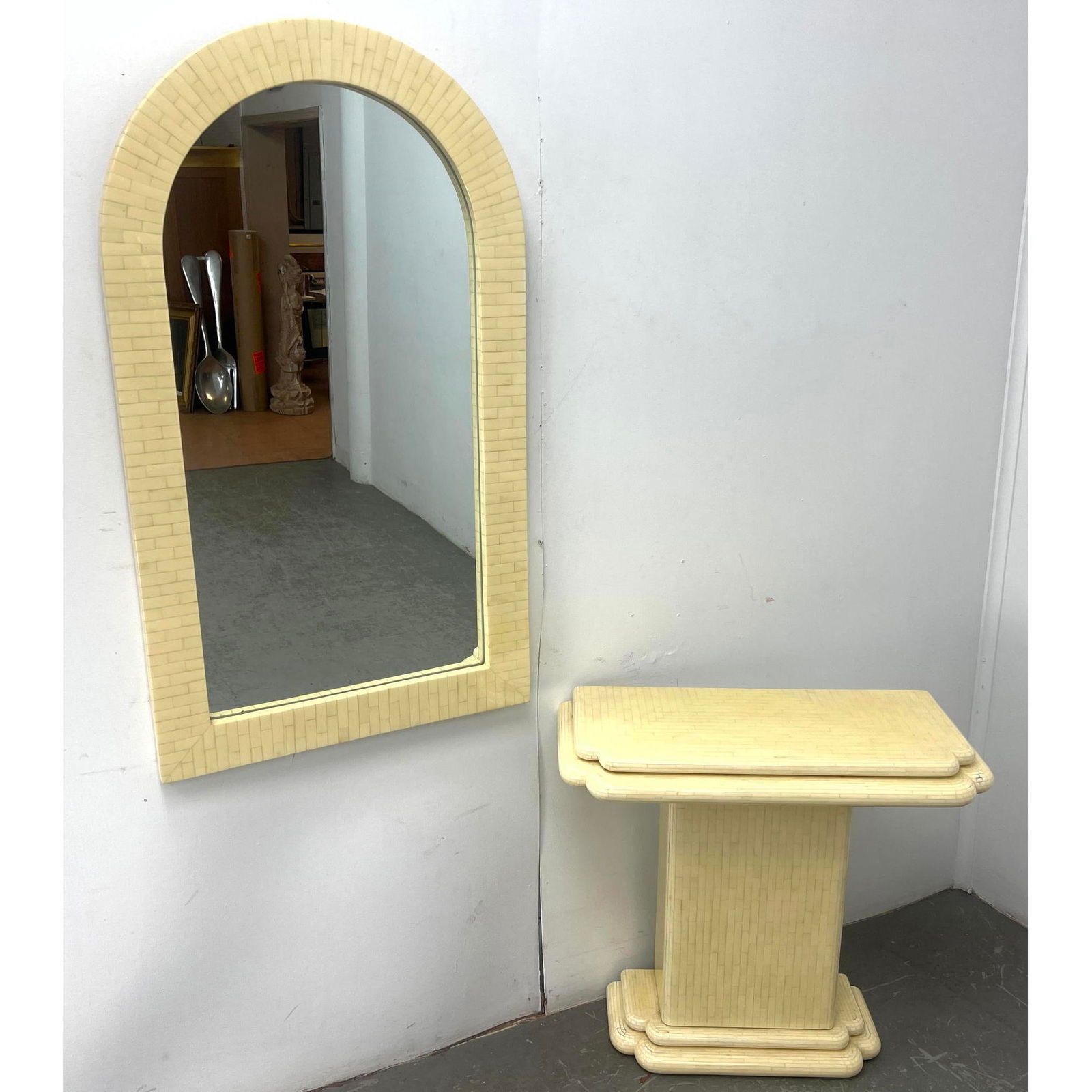 2pcs ENRIQUE GARCEL Attributed Lacquered Tessellated Bone Console Table and Arched top Mirror.: 2pcs ENRIQUE GARCEL Attributed Lacquered Tessellated Bone Console Table and Arched top Mirror. Dimensions: Height: 30 inches, Width: 31 inches, Depth: 14 inches. - Additional Dimensions: Mirror H: 48