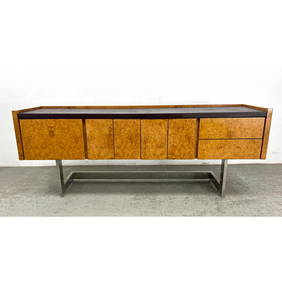 MILO BAUGHMAN Style Burl Wood Credenza. Mid Century Modern Vintage. Raised on Chrome Leg Frame. Leat (1 of 16)