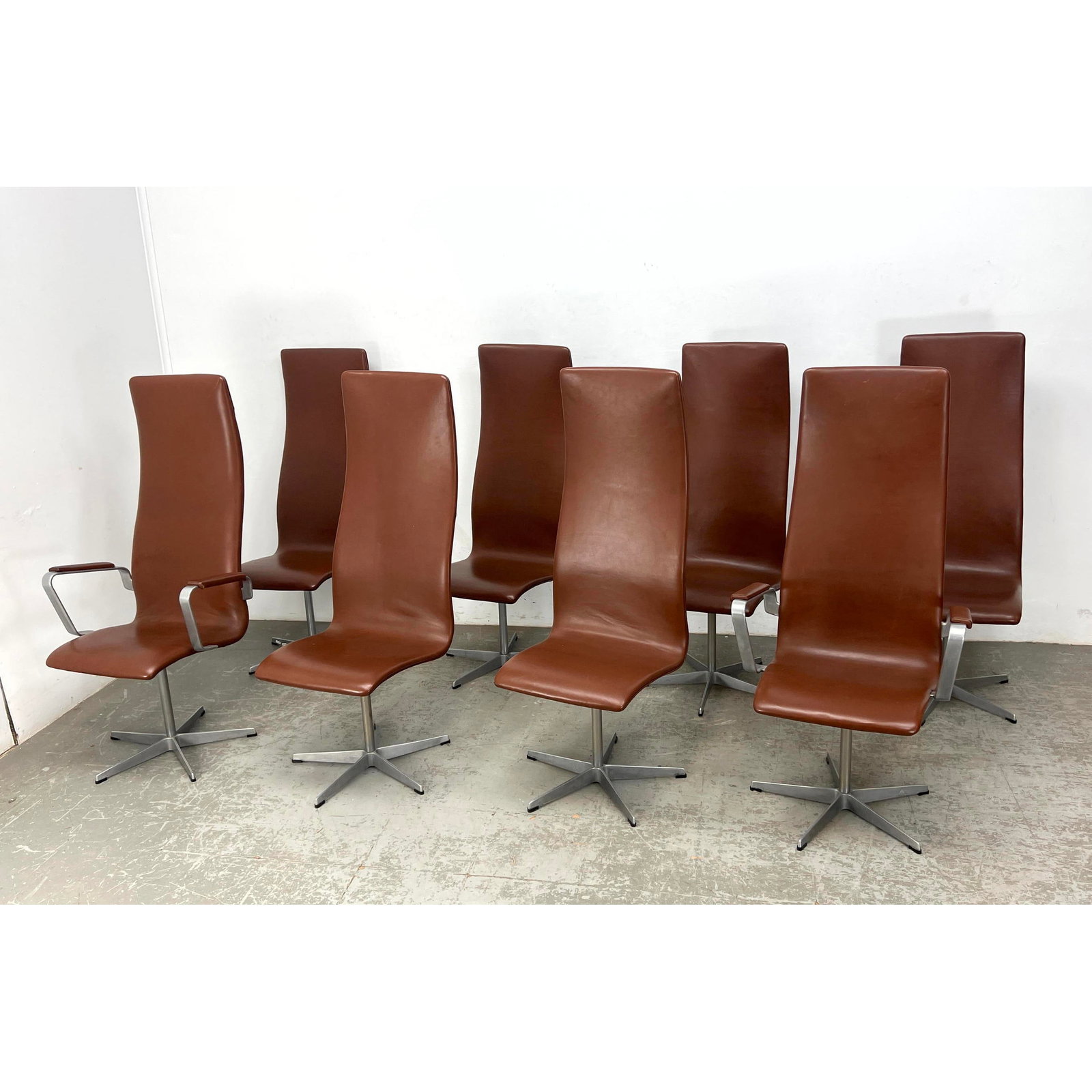 Set 8 Arne Jacobsen "Oxford" High Back Chairs. Tall Back Modern Leather Dining Chairs. 2 Arm; 6 Side (1 of 20)