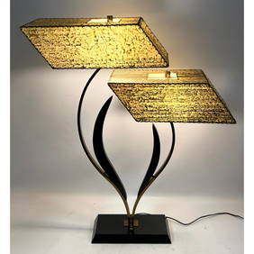 Pr Vintage Mid Century Modern Black Lacquer and Brass Modernist table Lamp. Stem and Leaf form suppo (1 of 17)