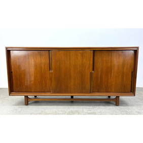 American Modern Walnut Credenza. MCM. Three Sliding Walnut Doors. Raised on Legs. CAVALIER Label. Mi (1 of 17)