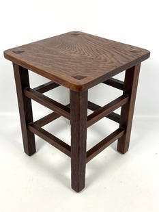 LIFETIME Oak Arts and Crafts Mission Side Table. Pyramid thru tenon construction. Partial Label.: LIFETIME Oak Arts and Crafts Mission Side Table. Pyramid thru tenon construction. Partial Label. Dimensions: Height: 15 inches, Width: 12 inches, Depth: 12 inches. --- US Packing and Shipping charge: