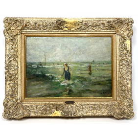 Gabriel Spat Oil Painting. Swimming beach scene. Signed. From John T Dorrance estate auction. (1 of 12)