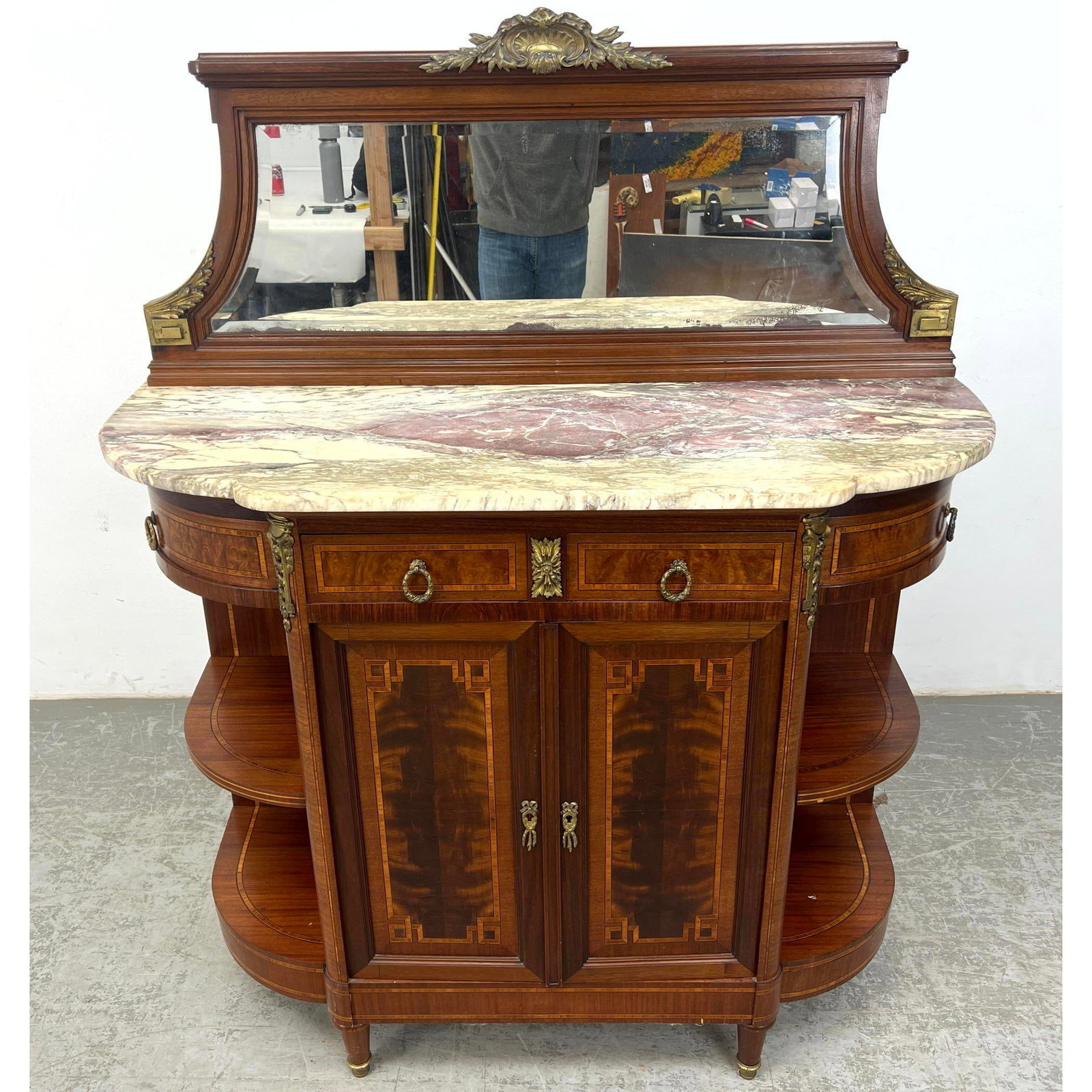French Marble Top Server Buffet. Burl Wood and Inlaid Trim Details. Bronze Ormolu Mounts. Wood Frame (1 of 14)