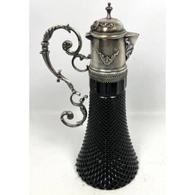 Vintage Silver Plate Pressed Glass Claret Jug Pitcher. Ornate Scroll Handle. Diamond Design Black Pr (1 of 10)