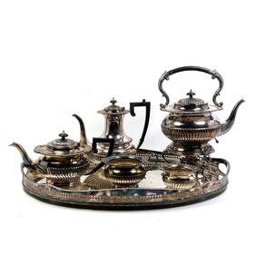 English Hand Chased Silver Plate Tea set with Tray. Tallest piece : 13.5 inches tall (1 of 17)