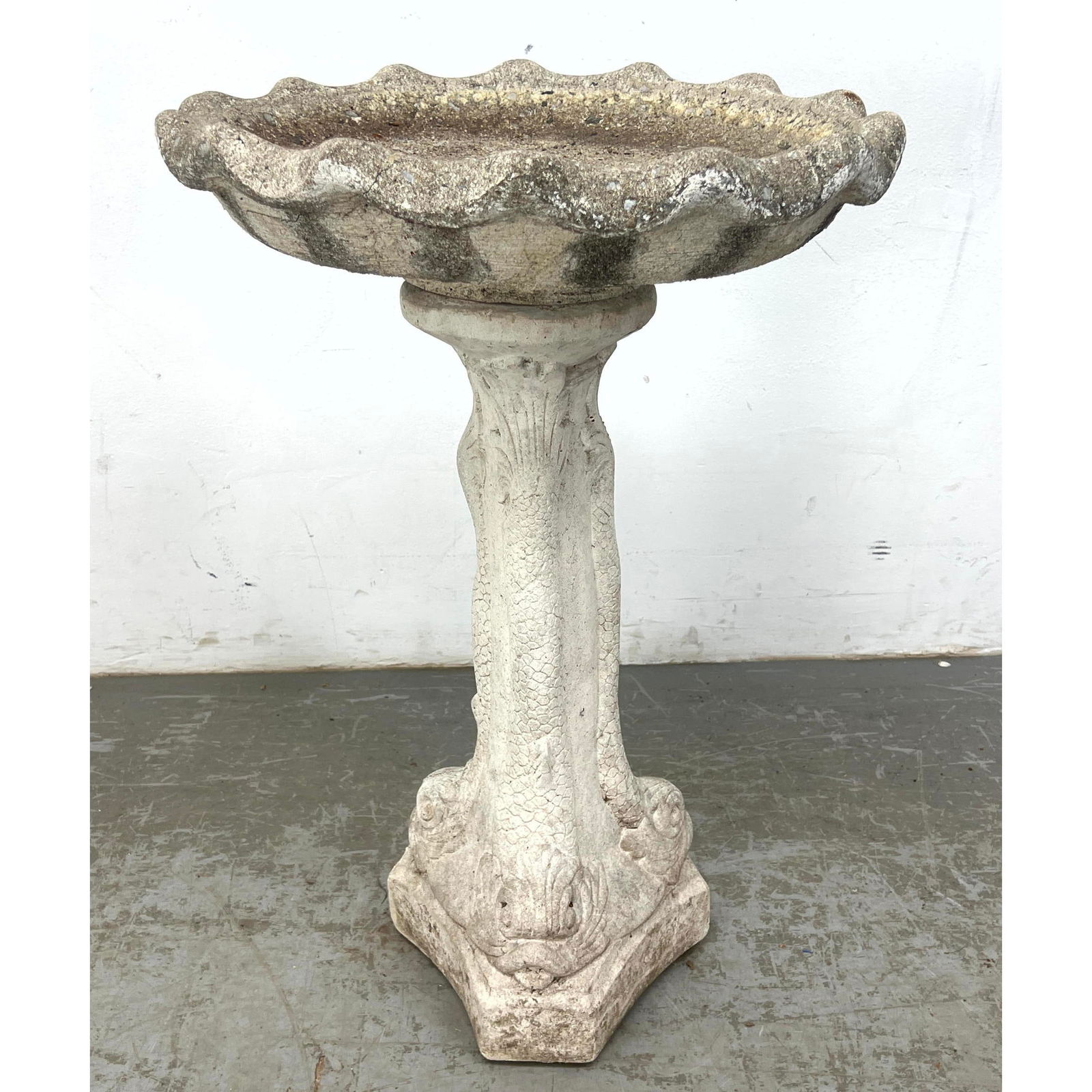 Cast Stone Bird Bath with Dolphin Base. (1 of 9)