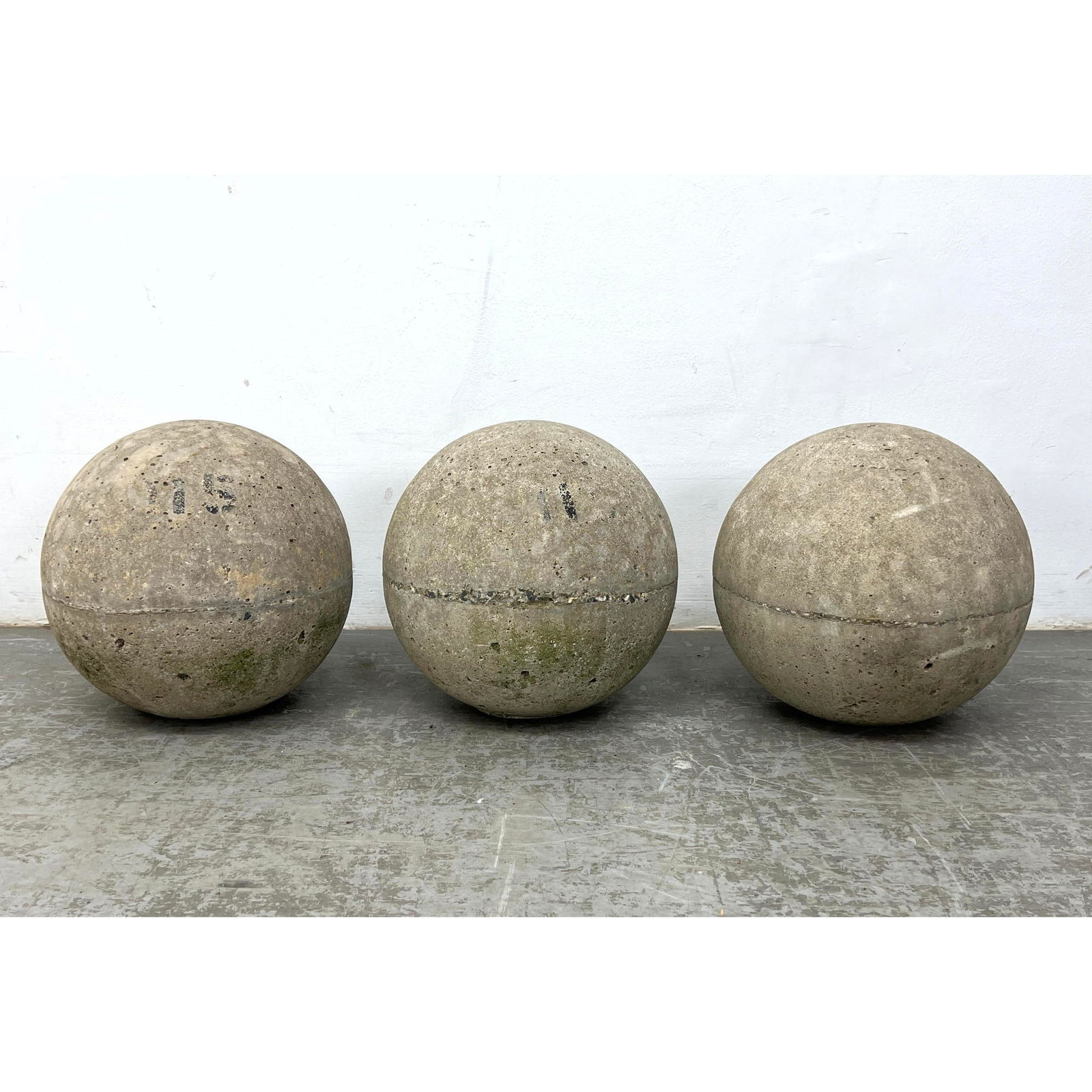3pc 13.5 inch Solid Concrete Garden Ball Sculptures. Each has small flat spot on bottom. (All balls (1 of 9)