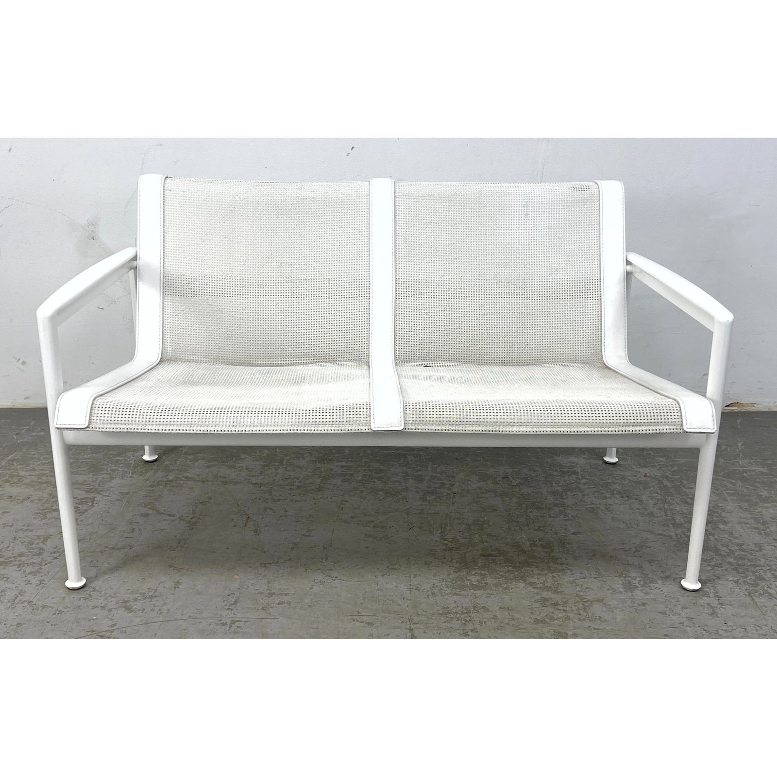 RICHARD SCHULTZ Outdoor Love Seat. White metal frame with white mesh sling seats. Garden. Patio.: RICHARD SCHULTZ Outdoor Love Seat. White metal frame with white mesh sling seats. Garden. Patio. Dimensions: Height: 26.5 inches, Width: 46 inches, Depth: 27 inches. - Seat Height: 15.5 inches --- Shi