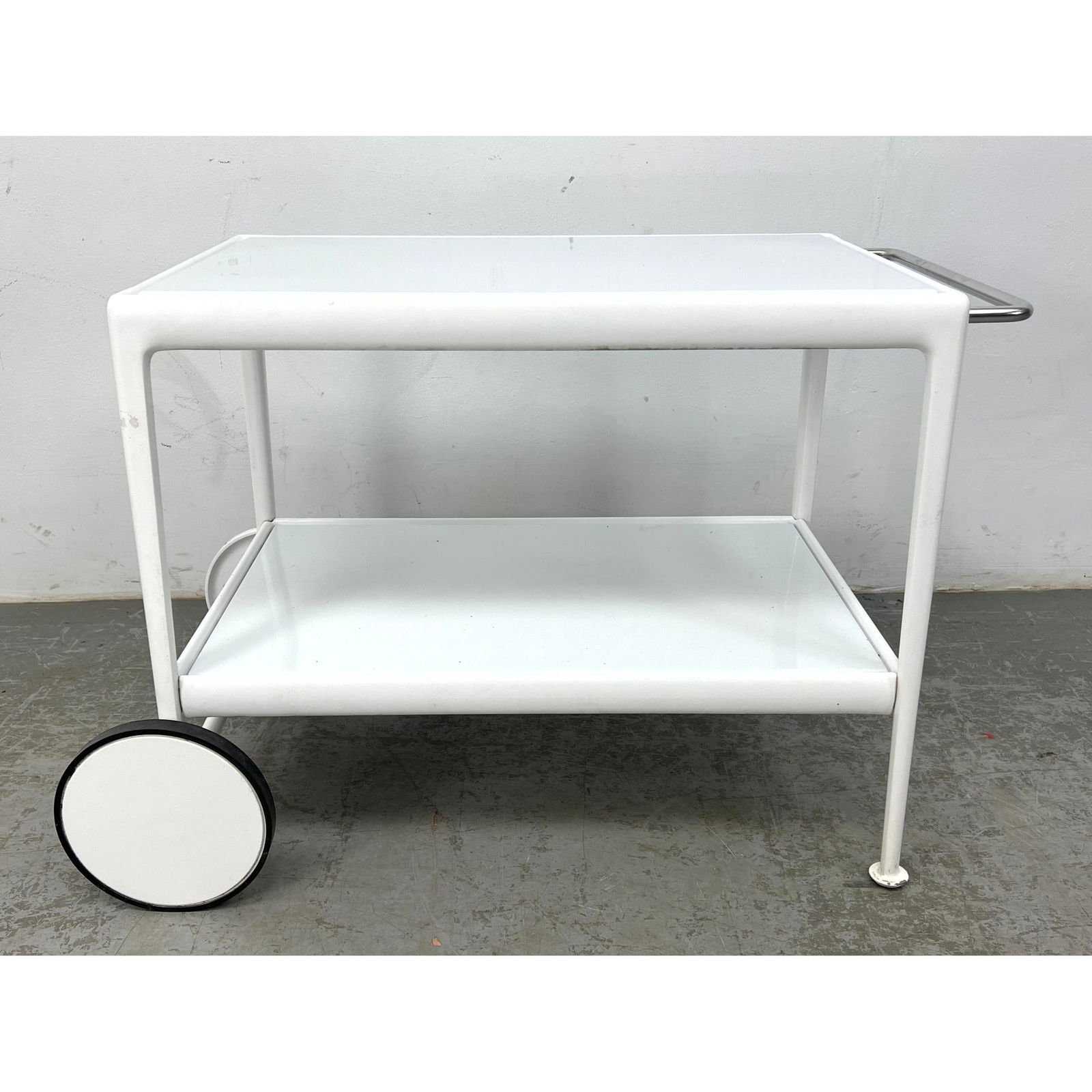 RICHARD SCHULTZ Outdoor Serving Cart. Hard to Find. White Enamel Tiers in white metal frame. Gar: RICHARD SCHULTZ Outdoor Serving Cart. Hard to Find. Enamel Tiers in white metal frame. Garden. Patio. Dimensions: Height: 26 inches, Width: 20 inches, Depth: 39.5 inches. --- Shipping & Delivery Notic
