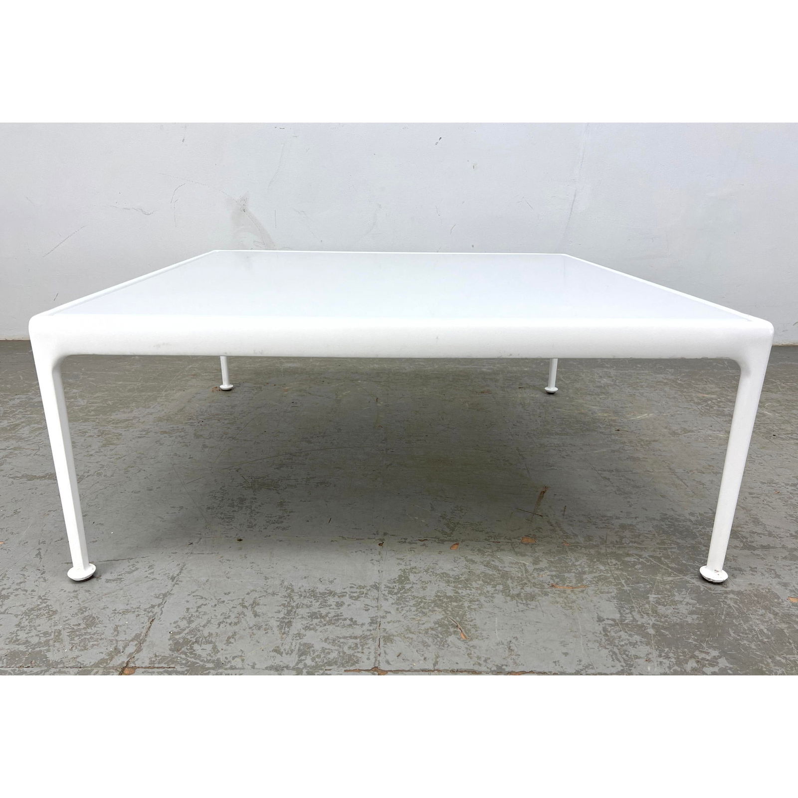 #2 RICHARD SCHULTZ Enamel Top Outdoor Coffee Table. This is the Larger Size. Square Form. White Fini: #2 RICHARD SCHULTZ Enamel Top Outdoor Coffee Table. This is the Larger Size. Square Form. White Finish Frame. Lot includes Original R Schultz Protective cover. Garden, Porch, Patio. Dimensions: Height
