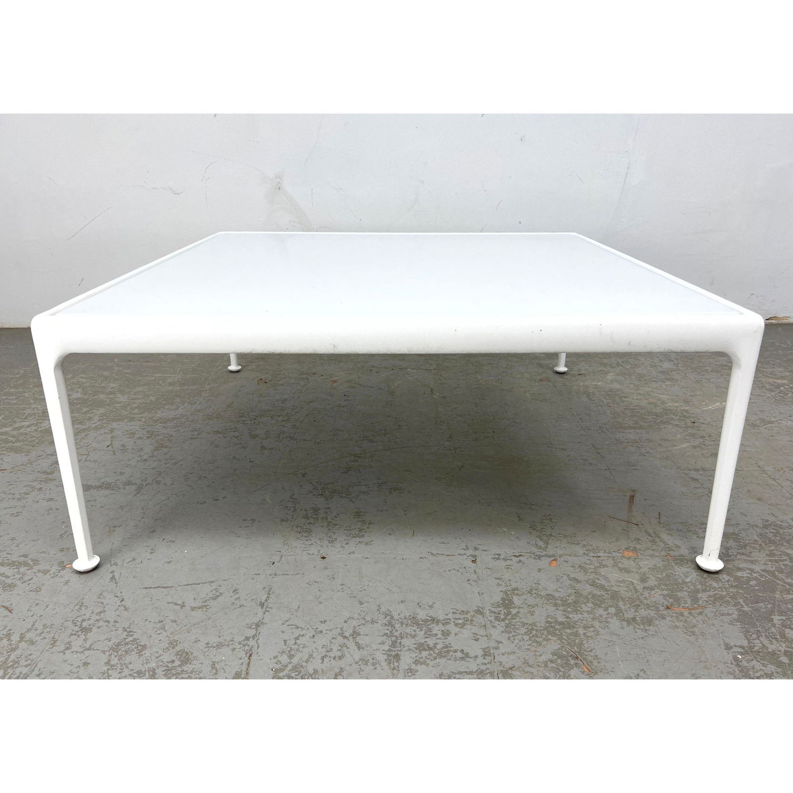 #1 RICHARD SCHULTZ Enamel Top Outdoor Coffee Table. This is the Larger Size. Square Form. White Fini: #1 RICHARD SCHULTZ Enamel Top Outdoor Coffee Table. This is the Larger Size. Square Form. White Finish Frame. Lot includes Original R Schultz Protective cover. Garden, Porch, Patio. Dimensions: Height