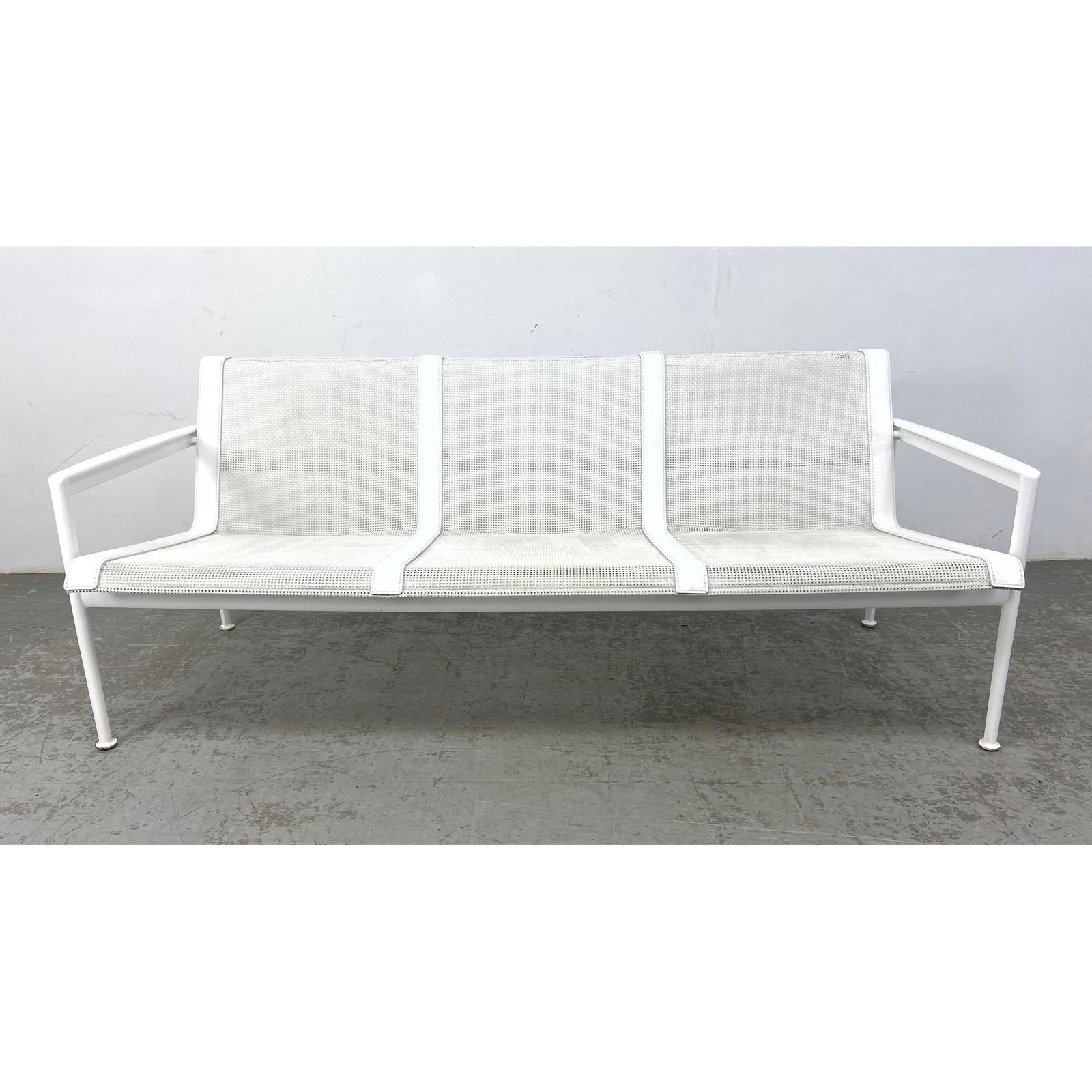 RICHARD SCHULTZ Outdoor 3 Seat Sofa Couch. Include Original Richard Schultz Cover. White metal frame: RICHARD SCHULTZ Outdoor 3 Seat Sofa Couch. Include Original Richard Schultz Cover. White metal frame with white mesh sling seats. Garden. Patio. Dimensions: Height: 27 inches, Width: 66.5 inches, Dept
