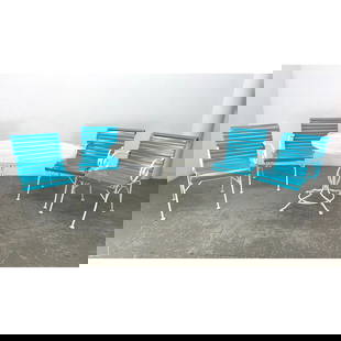 Russell Woodard Ionian Patio Dining Set. Table and 4 Chairs. Turquoise Straps.: Russell Woodard Ionian Patio Dining Set. Table and 4 Chairs. Turquoise Straps. Dimensions: Height: 28 inches, Width: 47.5 inches, Depth: 47.5 inches. - Seat Height: 19 inches - Additional Dimensions: