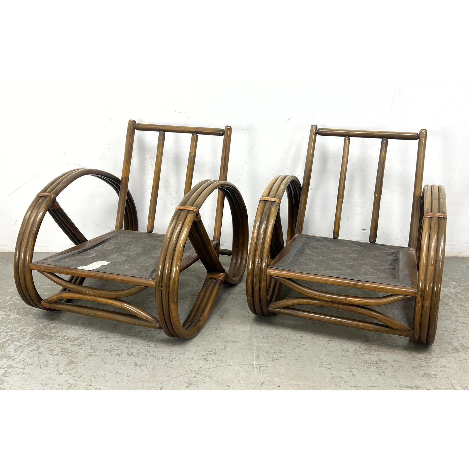 Pr MODERN REED and RATTAN CO Triple Pretzel Frame Lounge Chairs. Bent Rattan Frames. Upholstered Cus (1 of 16)