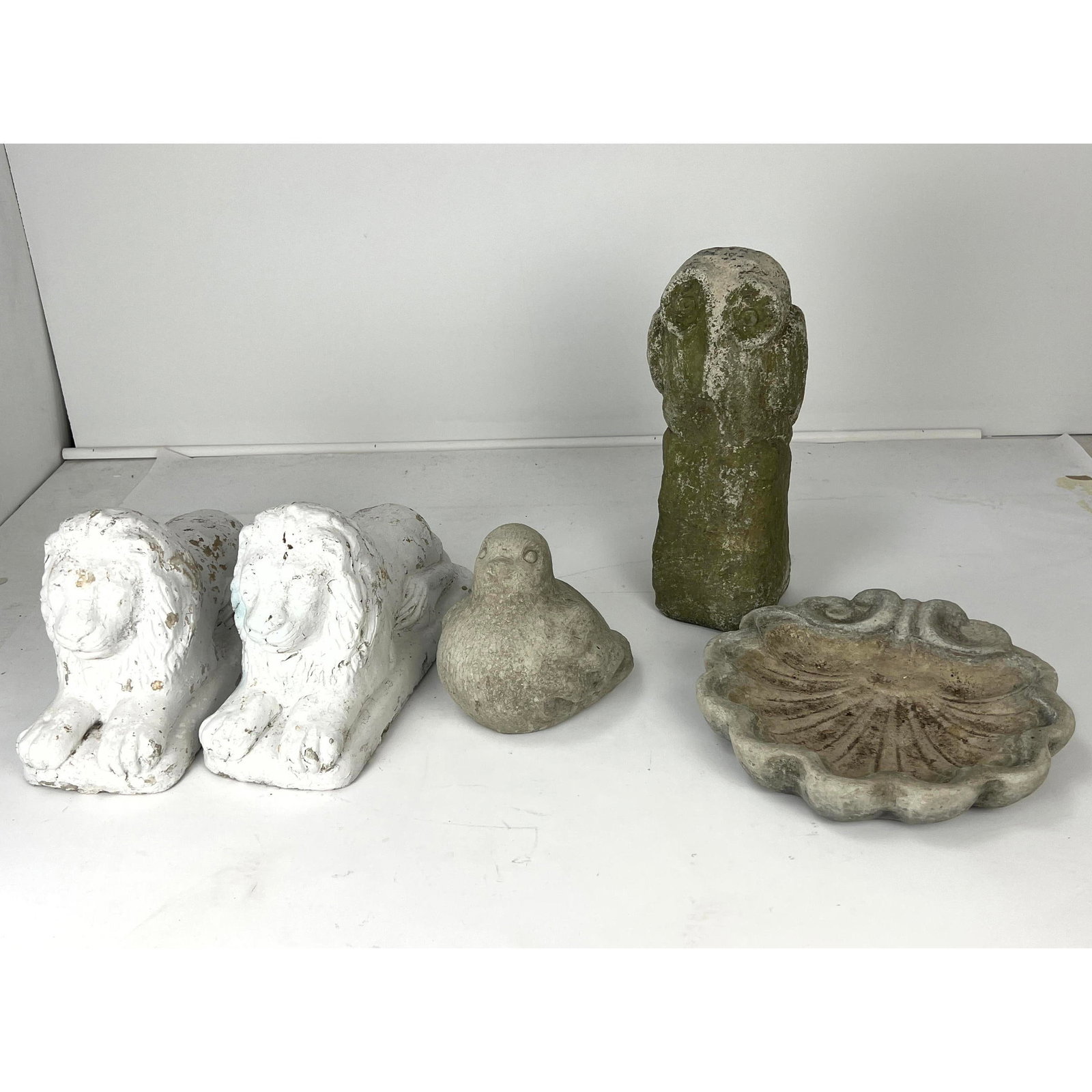5pc Cement Outdoor Sculptures. Pair Lions (Painted White). 2 Birds. Shell Form. Outdoor. Garden. (1 of 20)
