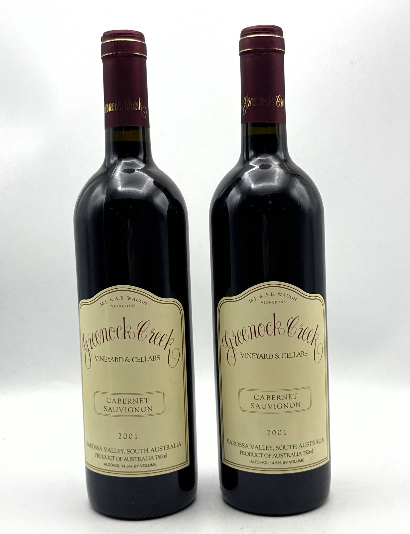 2 pcs - 2001 Greenock Creek Cabernet Sauvignon Red Wine: 2 pcs - 2001 Greenock Creek Cabernet Sauvignon Red Wine Dimensions: Height: 12 inches, Width: inches. --- Buyers are encouraged to pick up their purchases directly from our location. Please note: we d