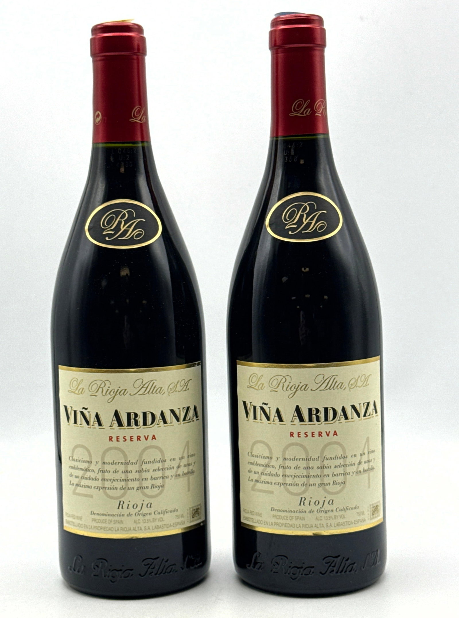 2 pcs - 2004 La Rioja Alta Rioja Vina Ardanza Reserva Red Wine: 2 pcs - 2004 La Rioja Alta Rioja Vina Ardanza Reserva Red Wine Dimensions: Height: 12 inches, Width: inches. --- Buyers are encouraged to pick up their purchases directly from our location. Please not