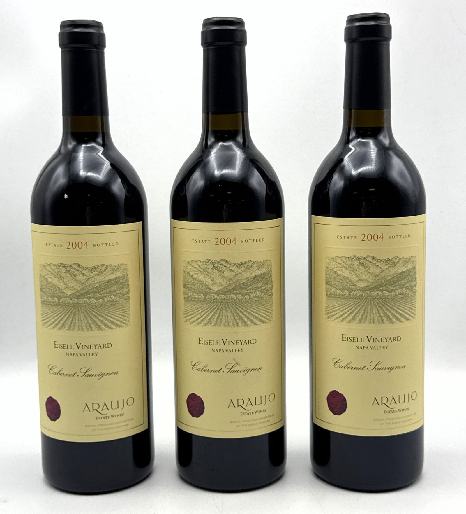 3 pcs - 2004 Araujo Estate Cabernet Sauvignon Eisele Vineyard Red Wine: 3 pcs - 2004 Araujo Estate Cabernet Sauvignon Eisele Vineyard Red Wine Dimensions: Height: 12 inches, Width: inches. --- Buyers are encouraged to pick up their purchases directly from our location. Pl