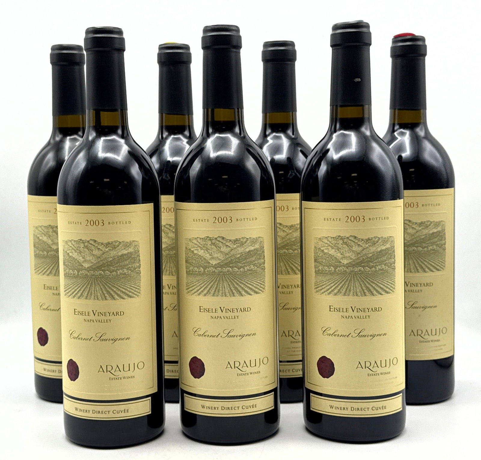 7 pcs - 2003 Araujo Estate Cabernet Sauvignon Eisele Vineyard Red Wine: 7 pcs - 2003 Araujo Estate Cabernet Sauvignon Eisele Vineyard Red Wine Dimensions: Height: 12 inches, Width: inches. --- Buyers are encouraged to pick up their purchases directly from our location. Pl