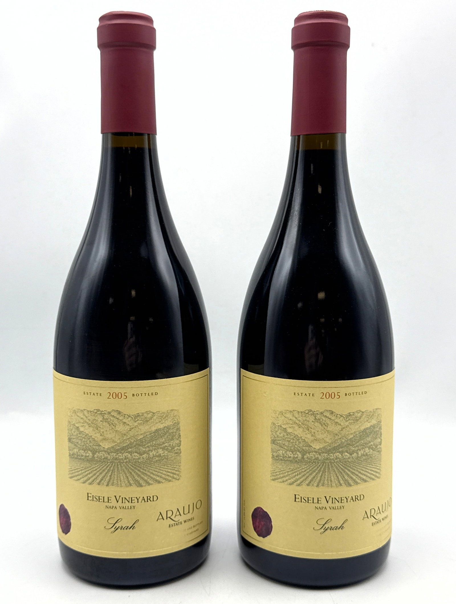 2 pcs - 2005 Araujo Estate Syrah Eisele Vineyard Red Wine: 2 pcs - 2005 Araujo Estate Syrah Eisele Vineyard Red Wine Dimensions: Height: 12 inches, Width: inches. --- Buyers are encouraged to pick up their purchases directly from our location. Please note: we