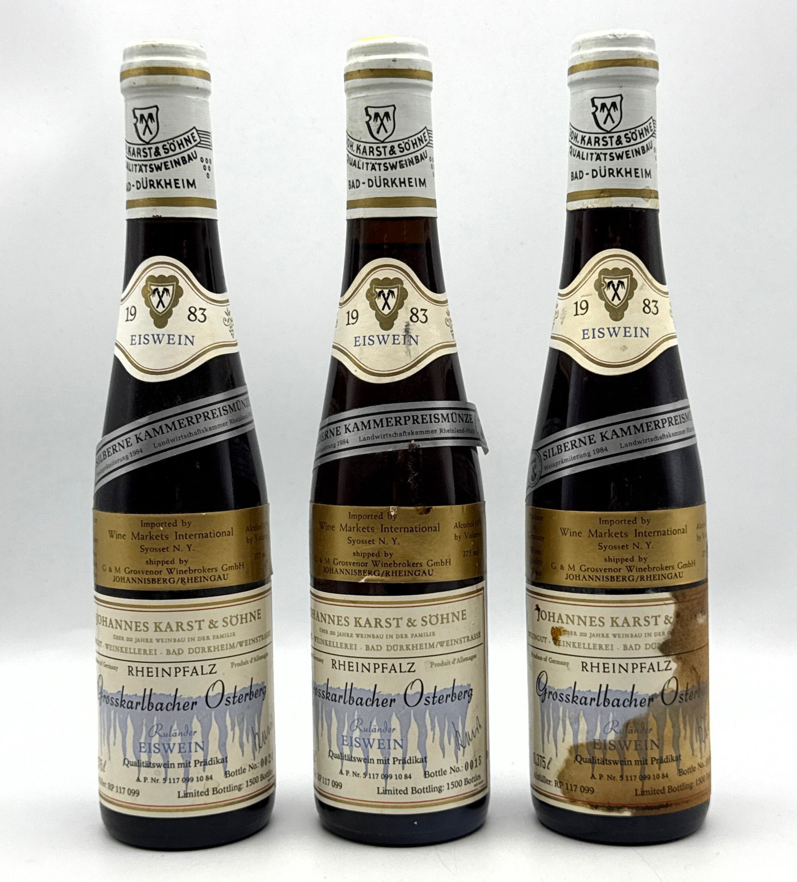 3 pcs - 1983 Weingut Johannes Karst & Sohne Grobkarlbacher Osterberg Rulander Eiswein White - Sweet/: 3 pcs - 1983 Weingut Johannes Karst & Sohne Grobkarlbacher Osterberg Rulander Eiswein White - Sweet/Dessert Wine Dimensions: Height: 12 inches, Width: inches. --- Buyers are encouraged to pick up thei