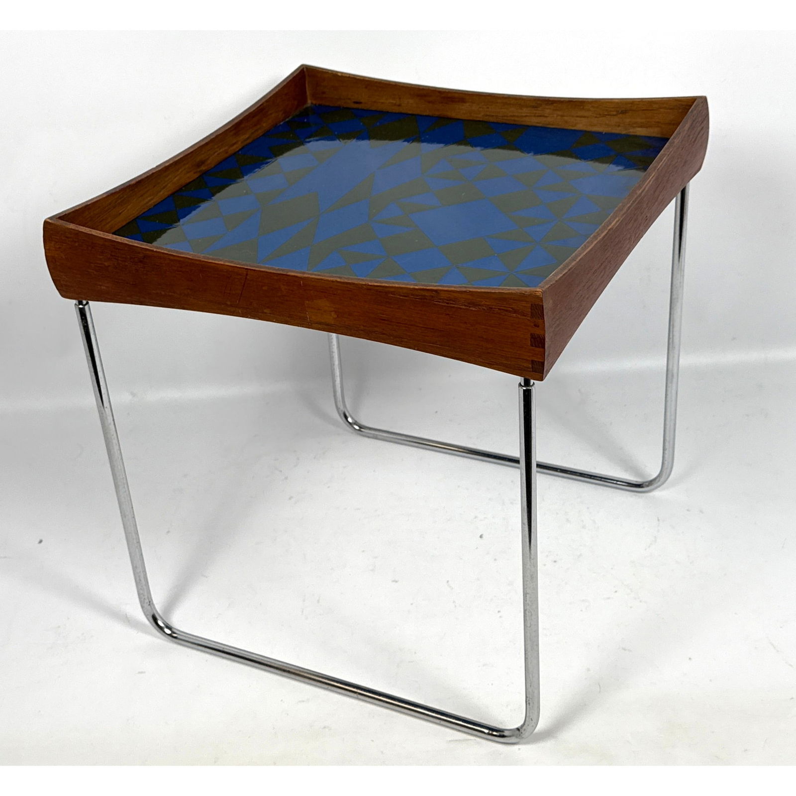 Hermann Bongard Norwegian enamel tray table. Metal chrome tube legs support wood framed Enamel Base (1 of 9)