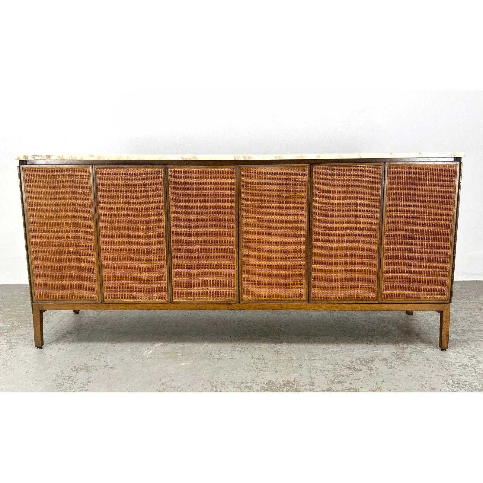 PAUL McCOBB Marble Top Walnut Credenza. CALVIN, Irwin Collection. 2 Woven Caned Tri-Fold Doors. Meta (1 of 14)