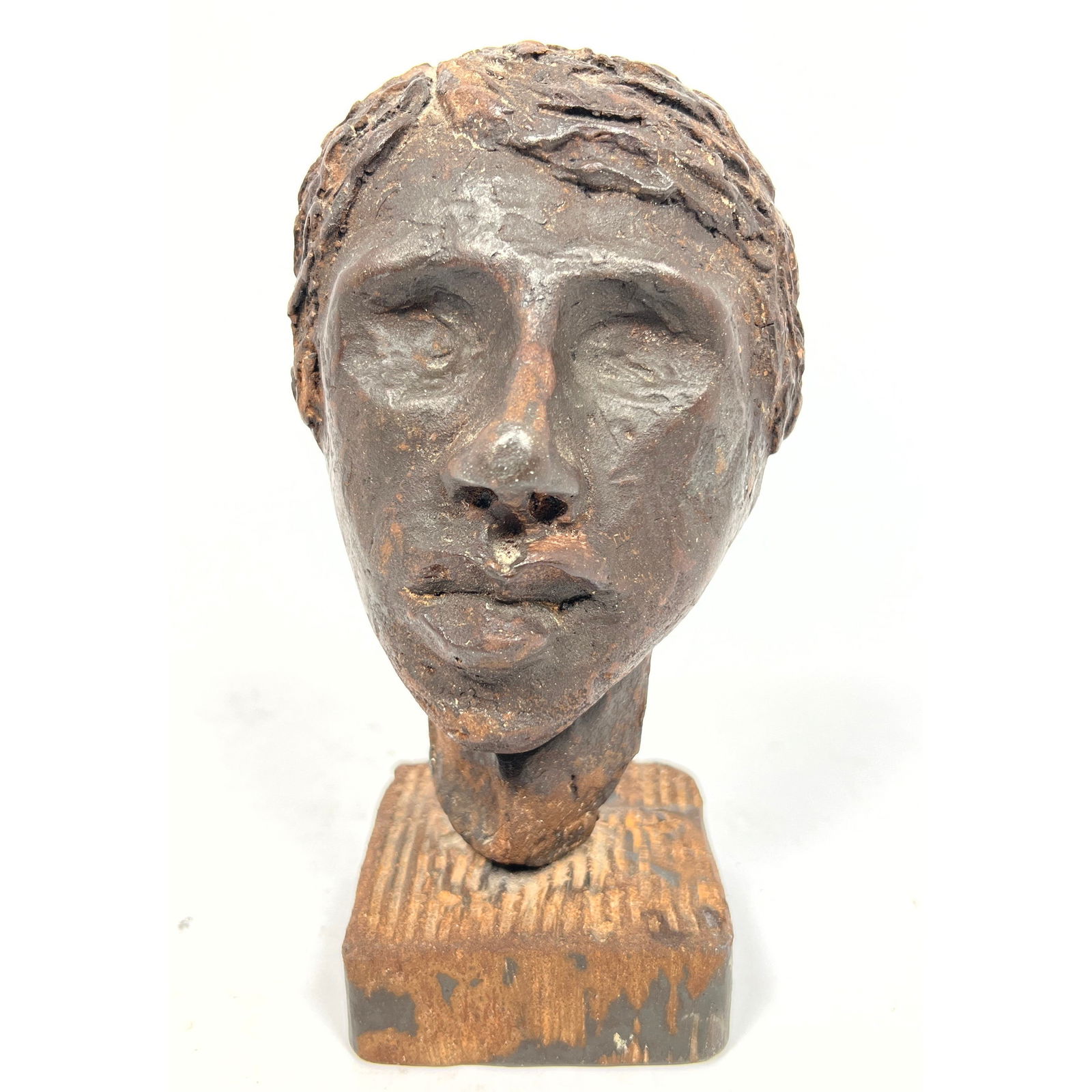 Small Clay Bust Sculpture. Painted Finish. Wood Stand. (1 of 10)