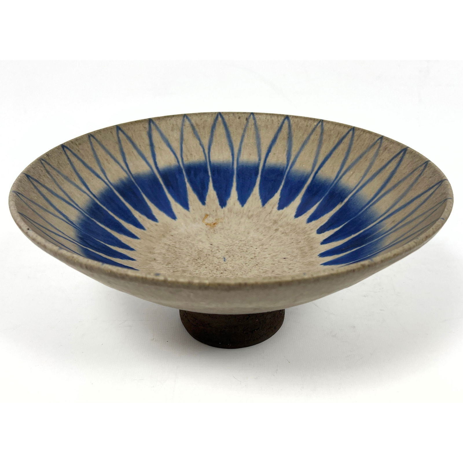 THOMAS TOFT Danish Modern Compote Bowl. Glazed Pottery Decorated with Blue Elliptical Sunbursts. Mid (1 of 10)