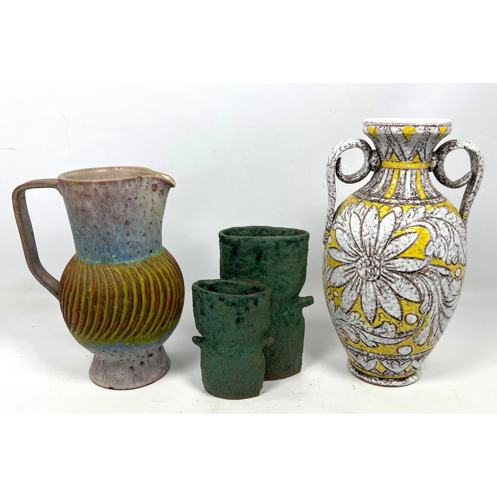 4pc 20th c Glazed Pottery. Tall Handled Pitcher. Tall Italian Handled Vase with Yellow/White Flower (1 of 18)
