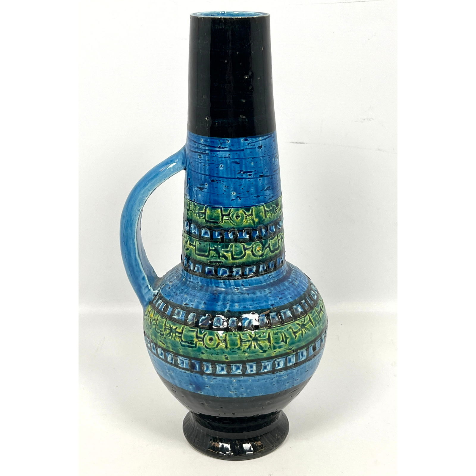 ALDO LONDI for BITOSSI Italian Glazed Tall Vase. Handled. Blue, green, black glaze. Marked Italy.: ALDO LONDI for BITOSSI Italian Glazed Tall Vase. Handled. Blue, green, black glaze. Marked Italy. Dimensions: Height: 12.75 inches, Width: 5.5 inches, Depth: 5 inches. --- US Packing and Shipping char