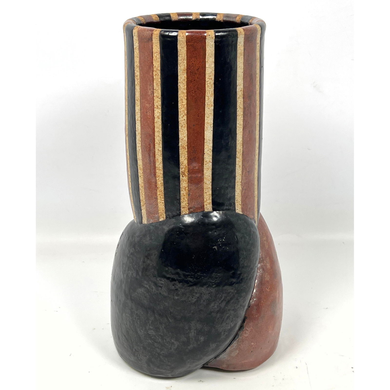 Tall Studio Artist Signed Glazed Pottery Modernist Vase. Black and Rust Glazes on Sculptural Form. S (1 of 10)