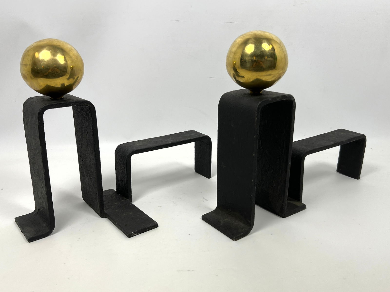 Pair French Style Black Iron Brass Ball Andirons. Modernist Fireplace Accessories (1 of 8)