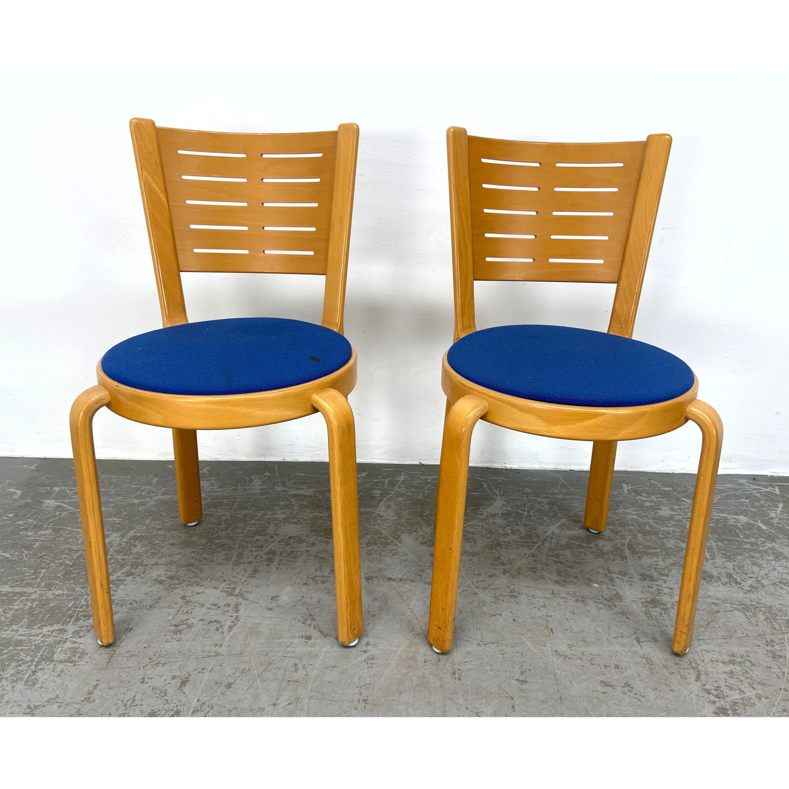 Pair Magnus Olesen side chairs. Signed. Blue seat.: Pair Magnus Olesen side chairs. Signed. Blue seat. Dimensions: Height: 30.5 inches, Width: 17 inches, Depth: 17 inches. - Seat Height: 18 inches --- - We offer curbside delivery for most items to NYC,