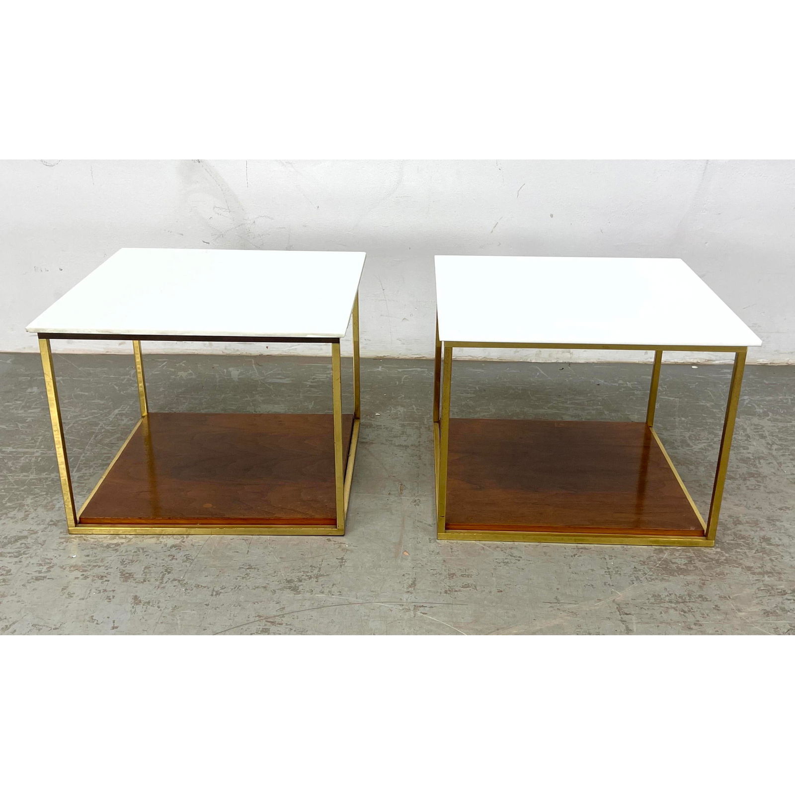 Pr Brass Framed Side Tables. White Glass Tops. Walnut Lower Level. Paul McCobb style. (1 of 12)