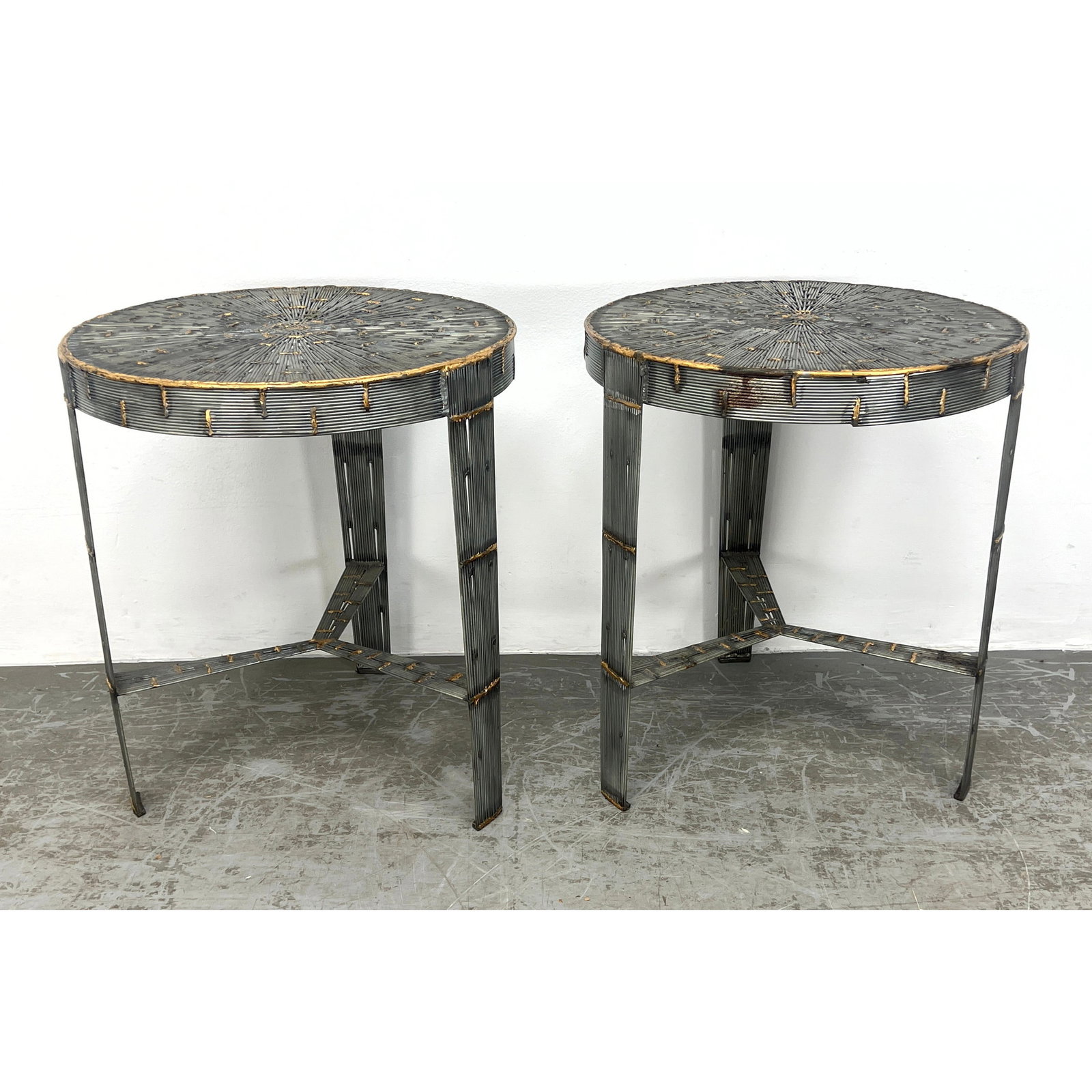 Pr Brutalist Welded Metal Side Accent Tables. Round Top has radiating rays of welded wires. Gold ton (1 of 11)