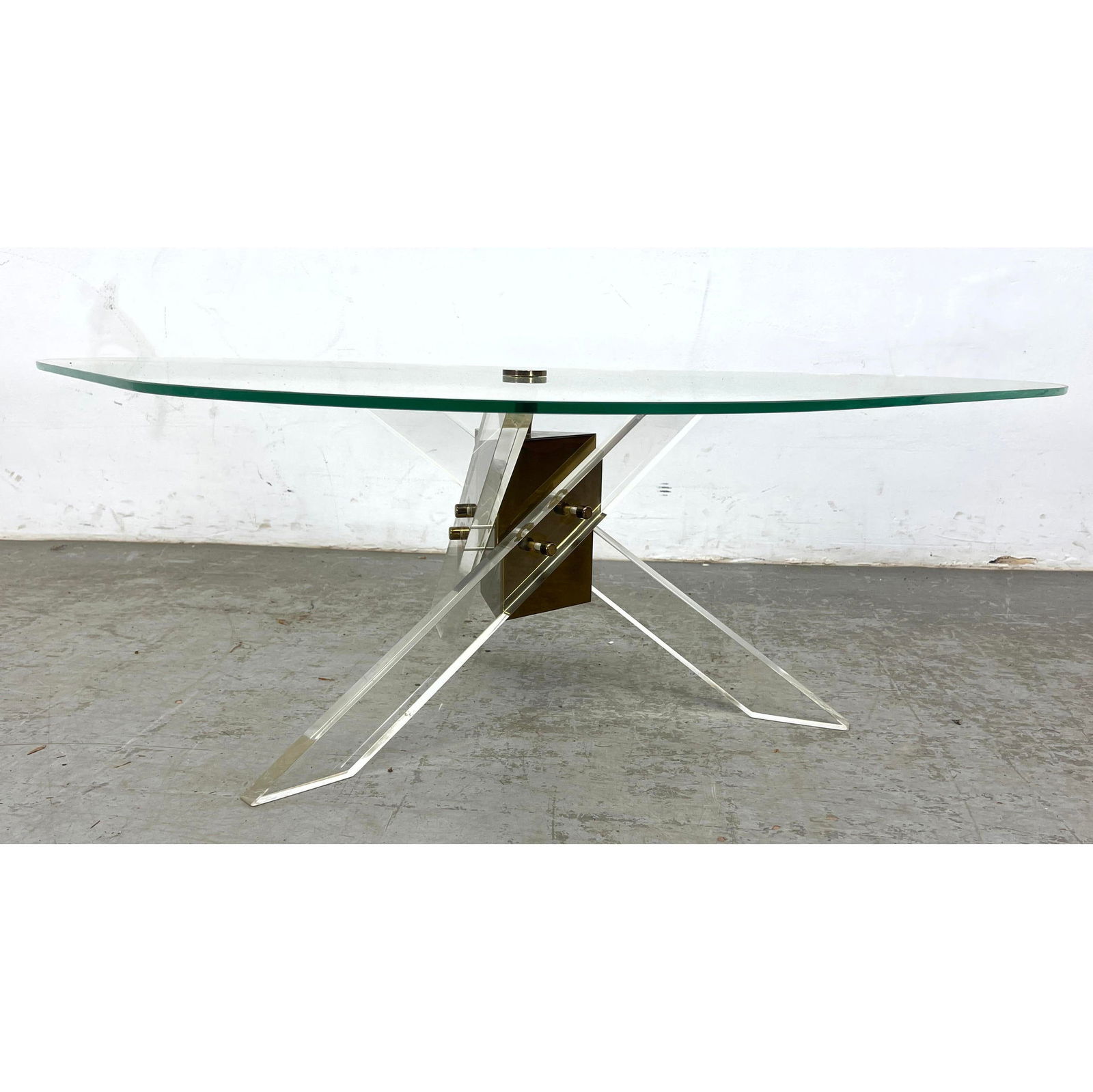 Mid Century Modern Coffee Cocktail Table. Angled brass and Lucite base with Triangle Glass Top. Char (1 of 9)