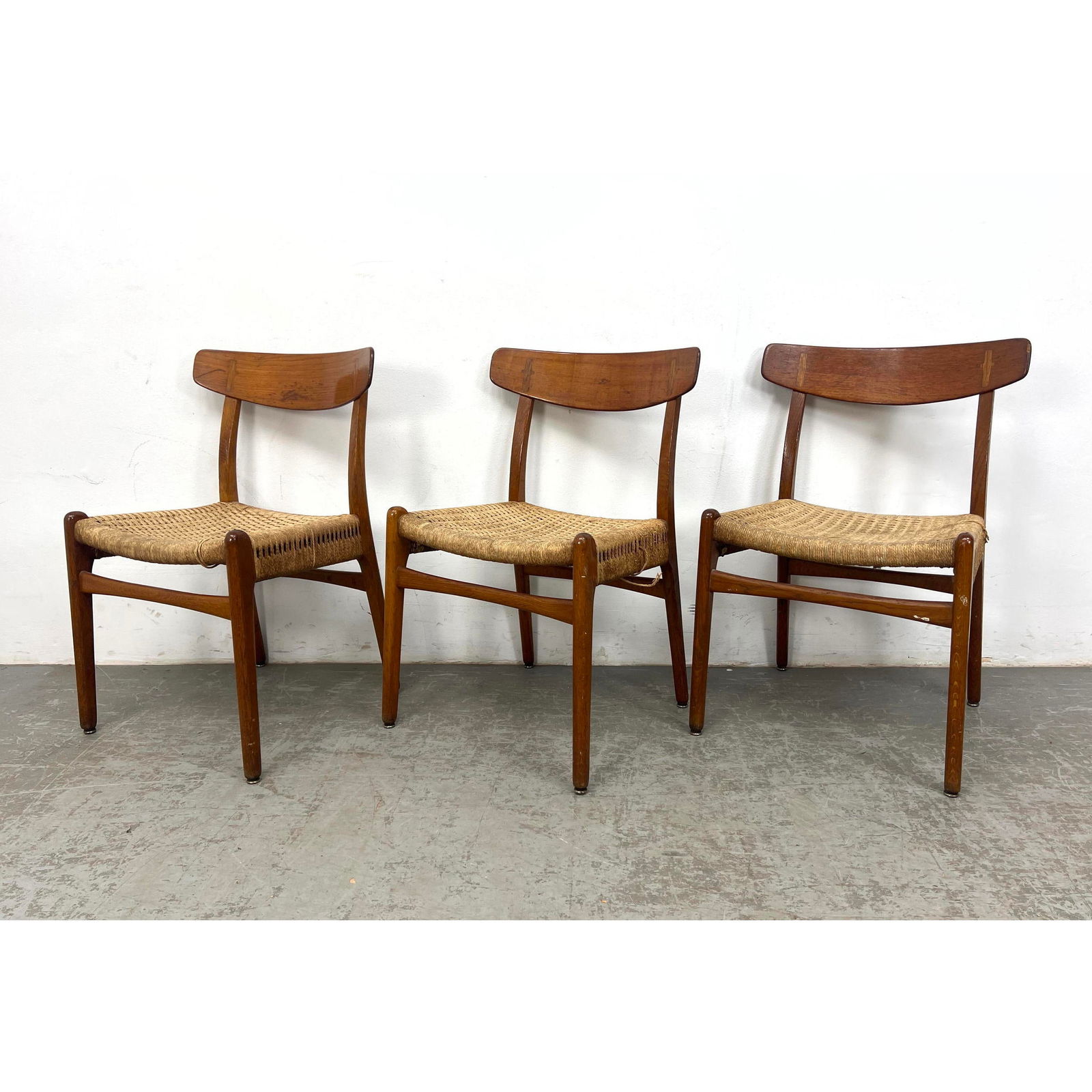 Set 3 HANS WEGNER Danish modern CARL HANSEN Dining Chairs. Small Bowed Back Rests. Woven Rush Seats. (1 of 20)