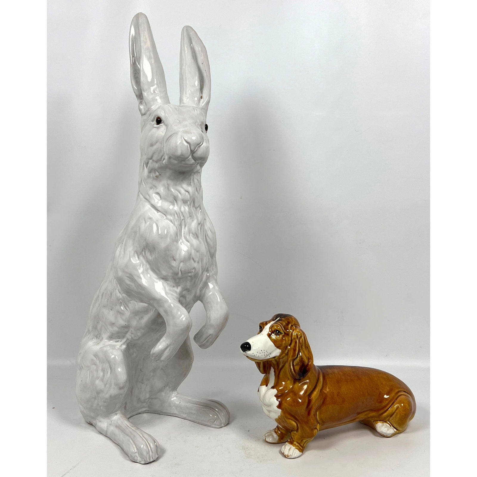 2pc Italian Figural Ceramic Sculptures. 1) Glazed Terracotta Standing Rabbit Bunny. Ears up. Not Mar (1 of 17)