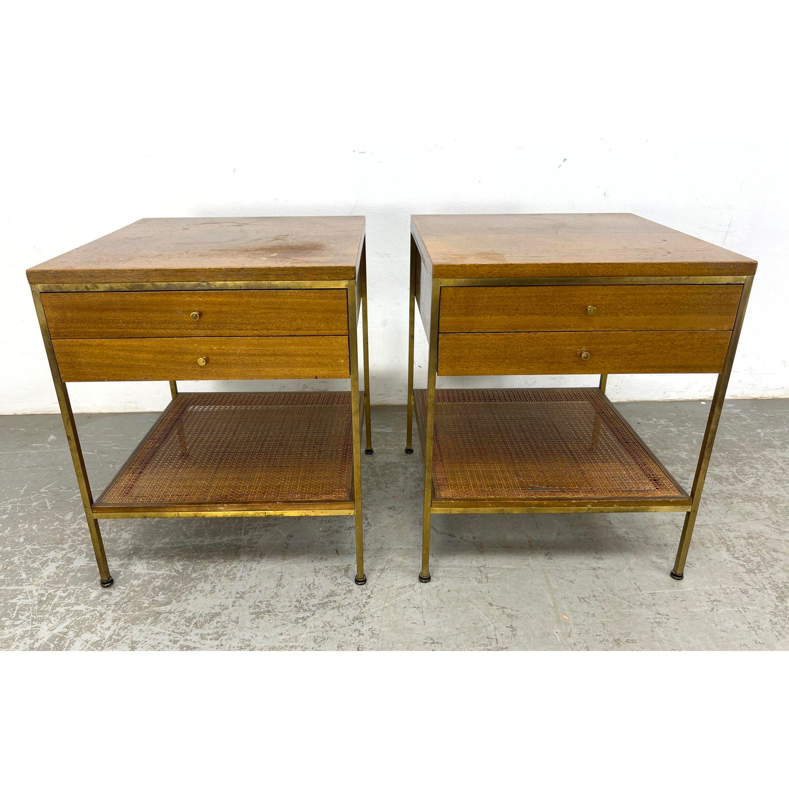 Pr PAUL McCOBB Walnut Night Stands. Thin Square Brass Tube Frames. Lower Caned Shelf. Two Drawers. B (1 of 18)