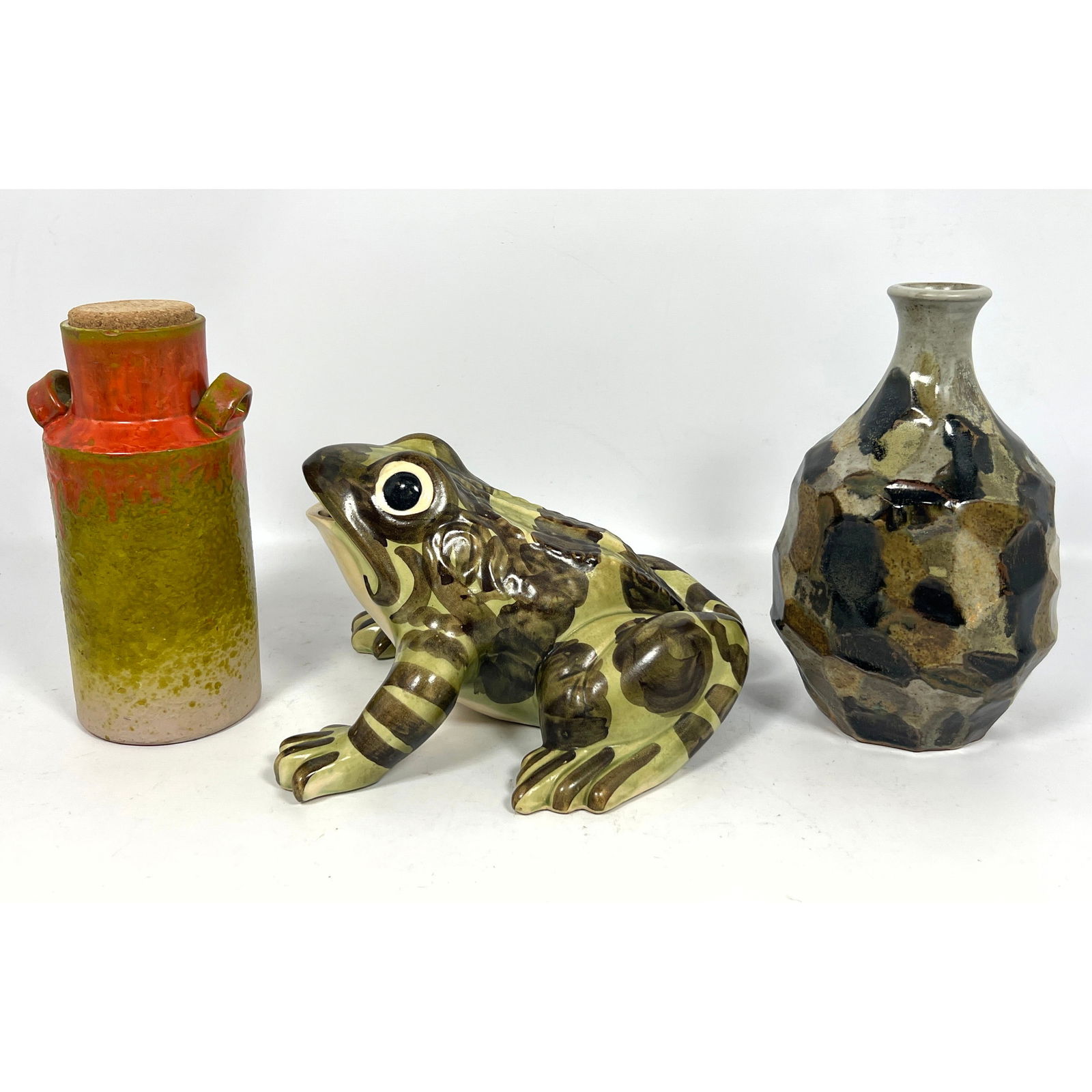 3pcs.  Italian Fantoni (unsigned) Ceramic Vase with Cork stopper, McCoy Frog and Faceted Glazed Eart (1 of 16)