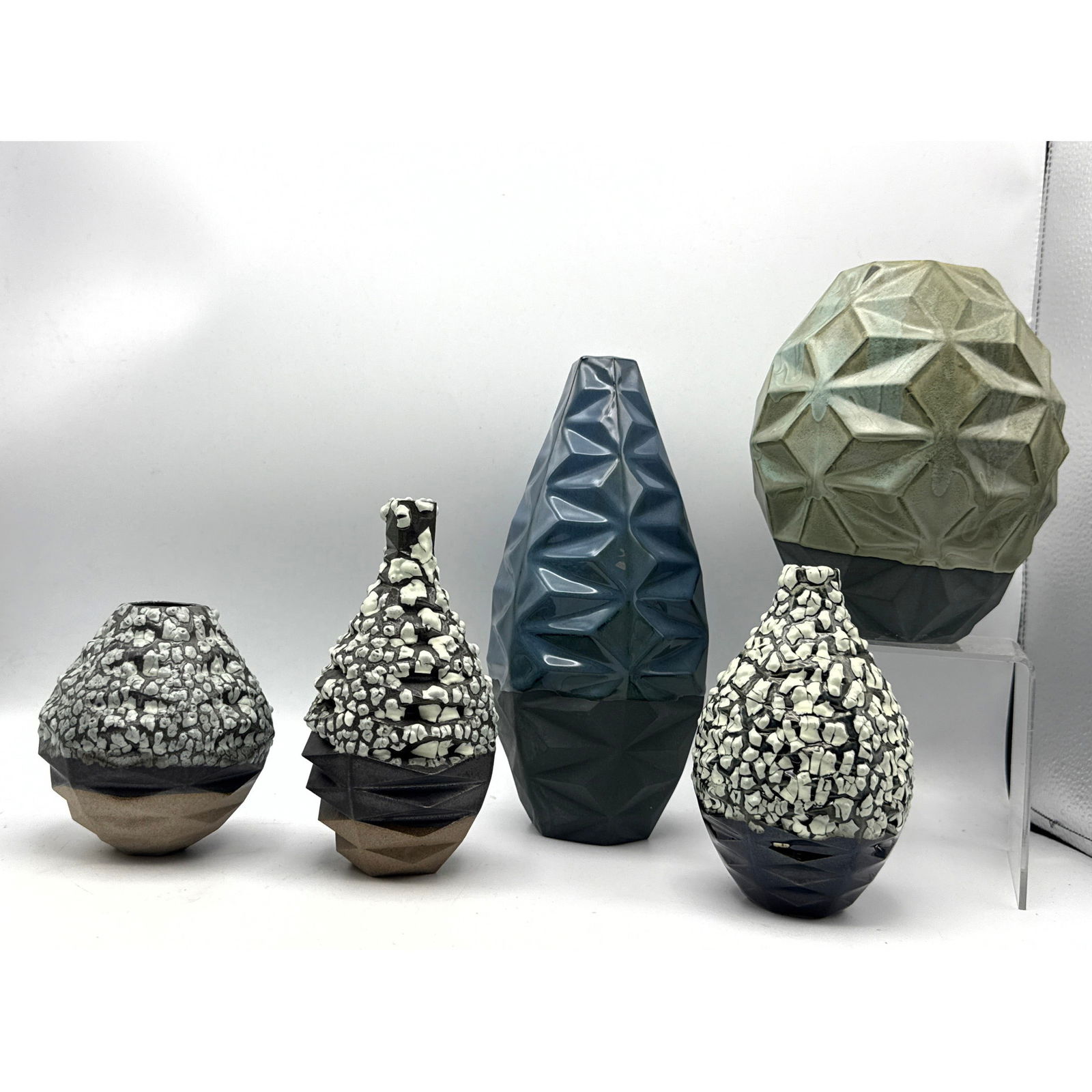 Collection 5 ALEJANDRA Studio Pottery Vases. 2 Faceted Geometric forms. 2 Pebble Glazed Texture Form (1 of 15)