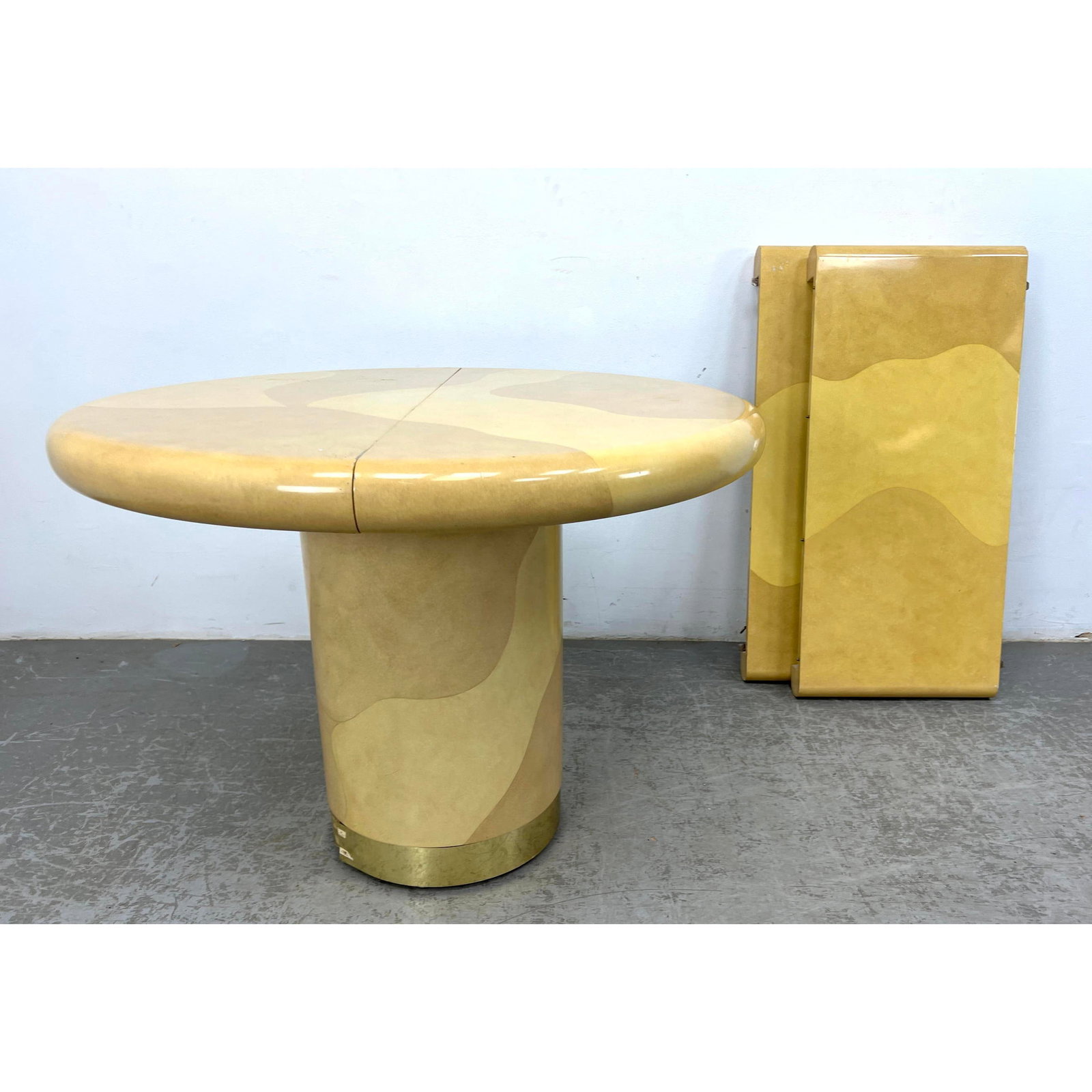 Karl Springer Style Parchment Pedestal Extending dining table with two leaves, Ernest C. Masi. (1 of 15)