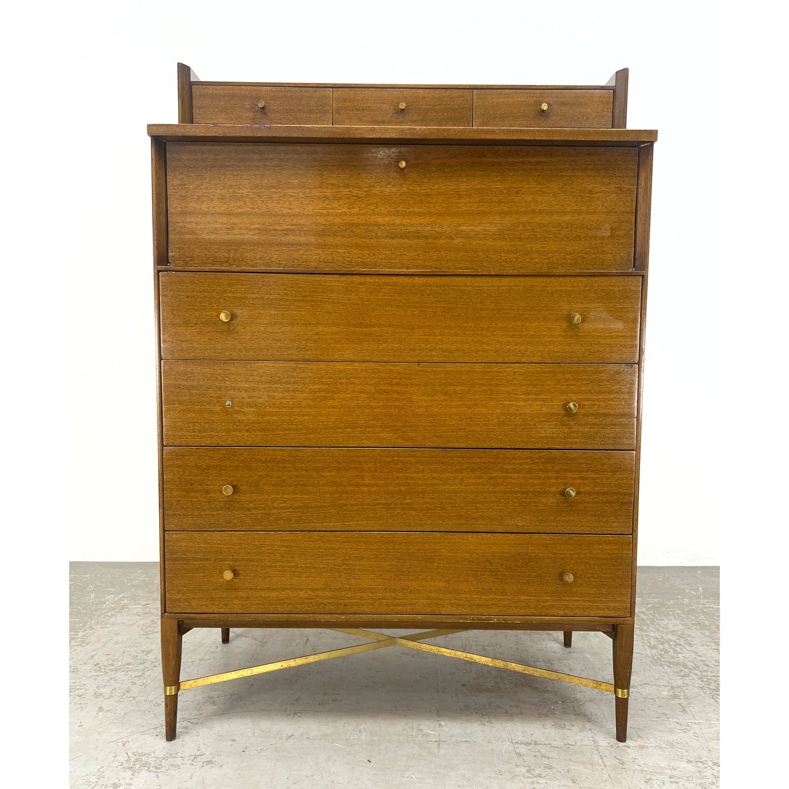 PAUL McCOBB Walnut Tall Dresser. Brass "X" Base. IRWIN COLLECTION. (1 of 11)