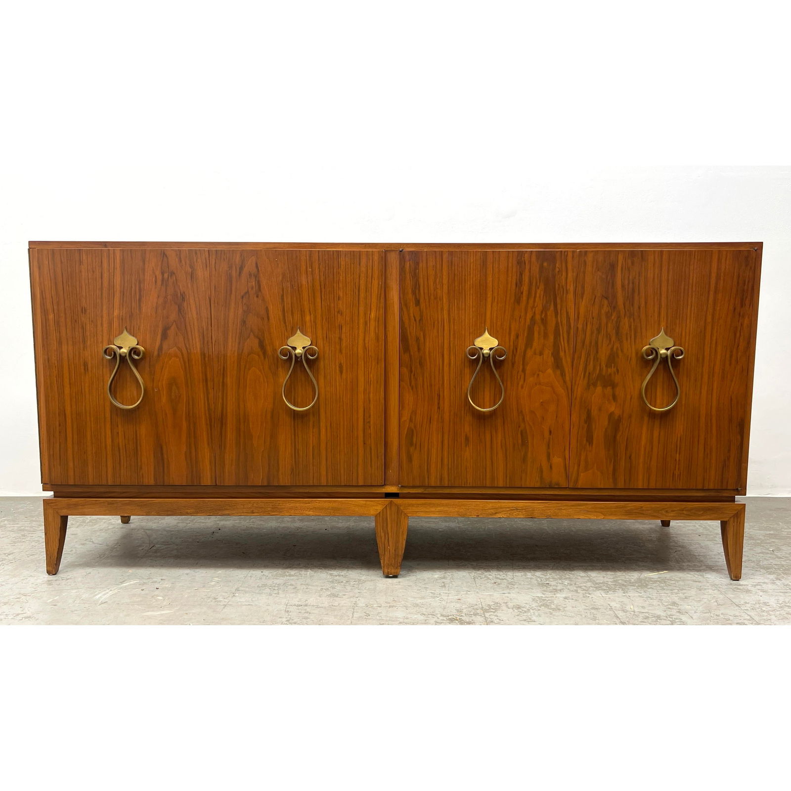 Tommi Parzinger style Walnut Double Cabinet Credenza. One side has interior Bar. Dramatic pulls. (1 of 15)