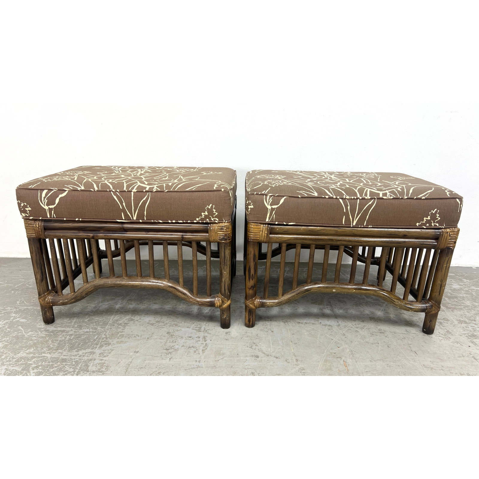 Pr WILLOW and REED Dark Bamboo Upholstered Stools. Ottoman. Benches. Brown, Cream Tulip Upholstery. (1 of 14)