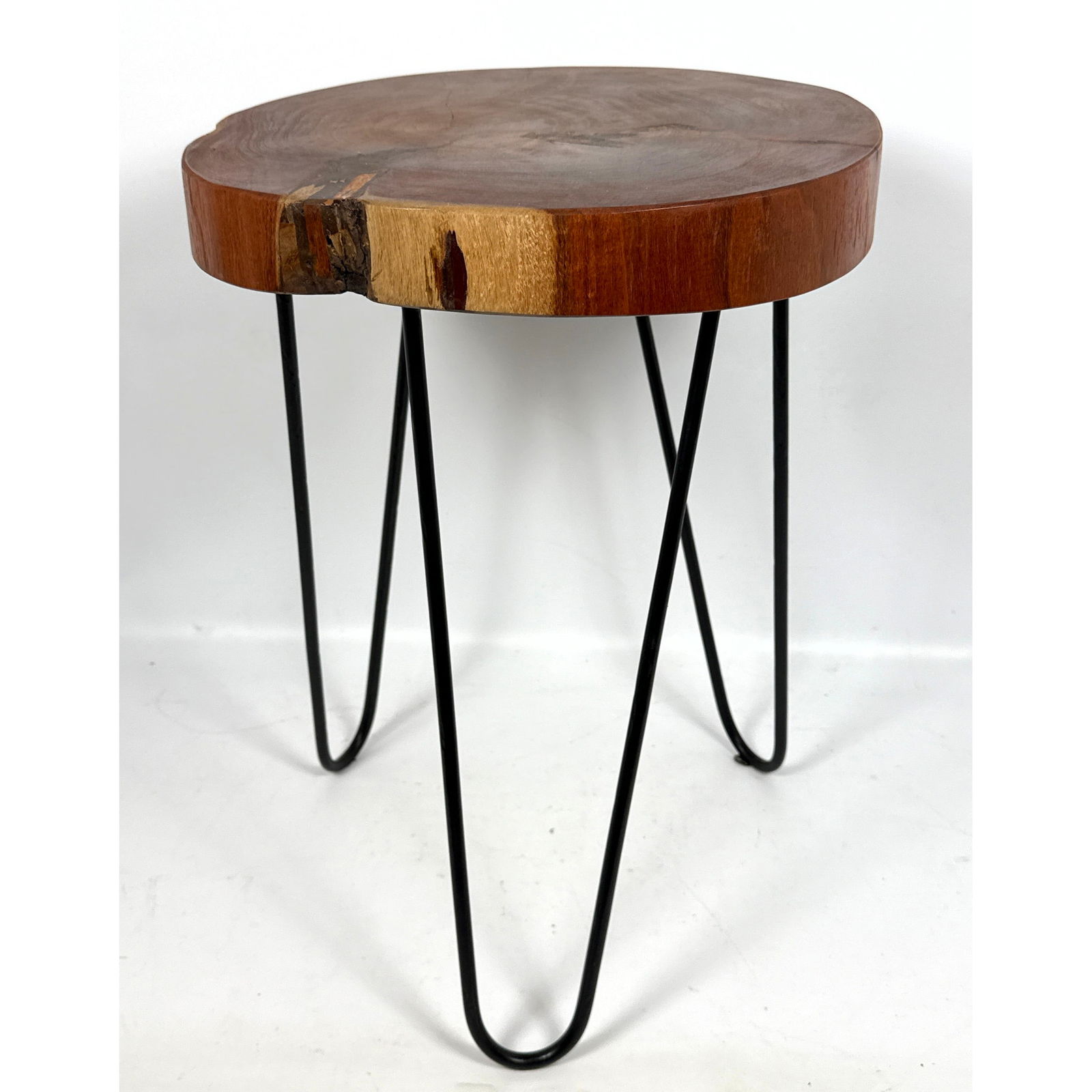 Wood Tree Slice Slab Top Side Table. Three Iron Hairpin Legs. (1 of 7)