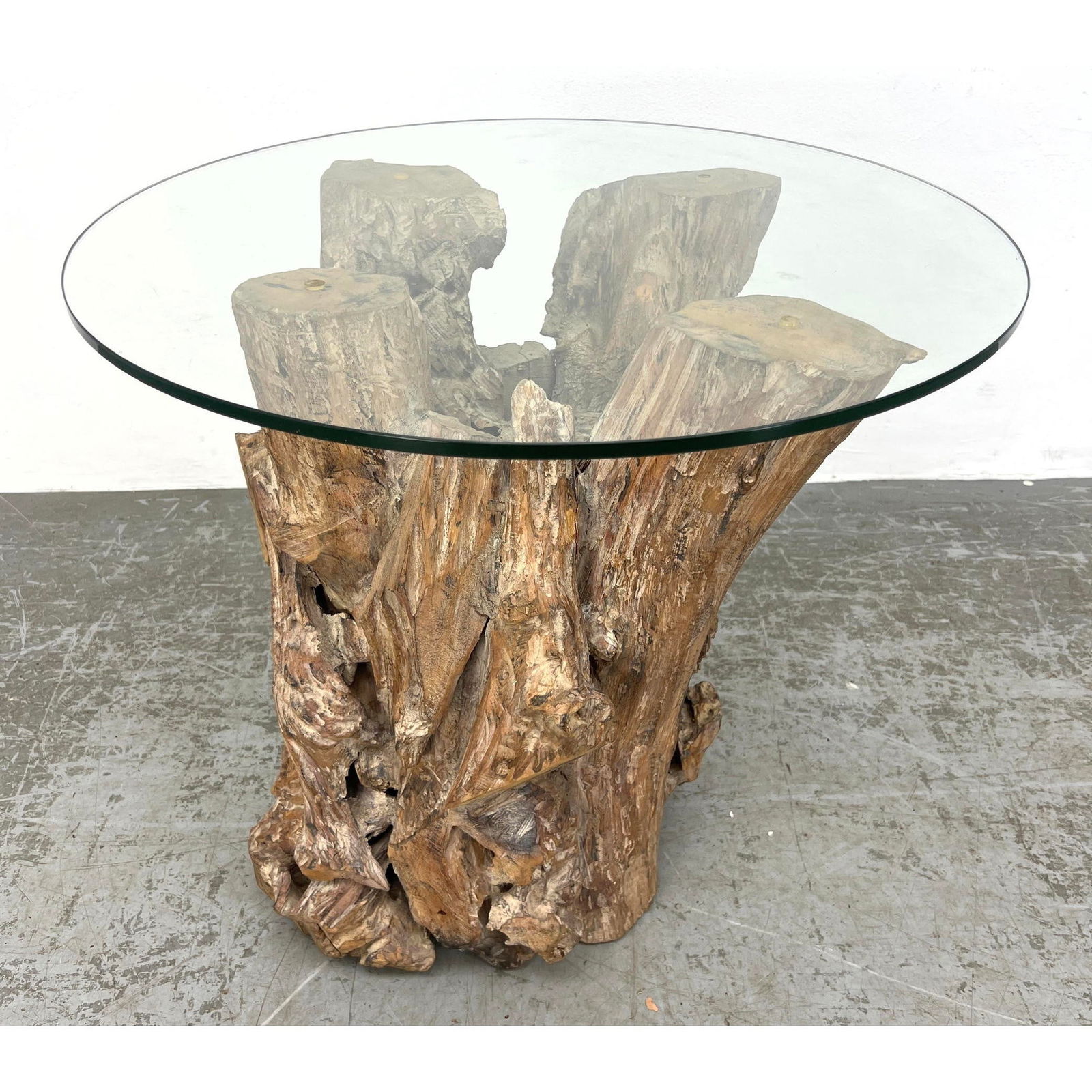 Glass Top Side Table. Assembled Natural Wood Pieces form Organic Table Base. (1 of 12)